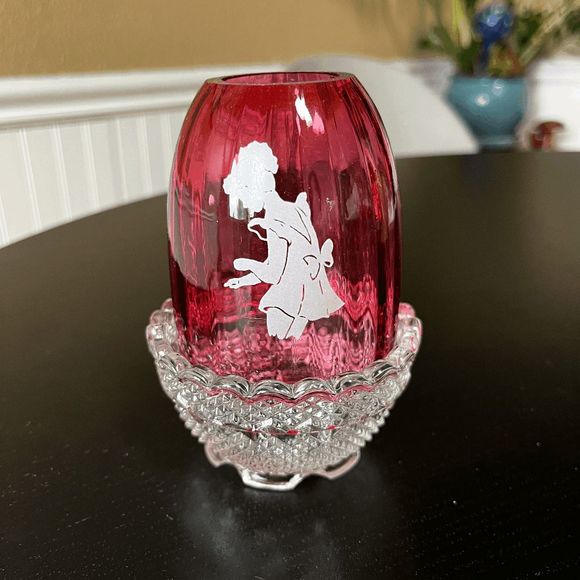 Vintage Fenton Red Hand Painted Girl Fairy Lamp w/ Diamond Cut Base - Picture 1 of 7